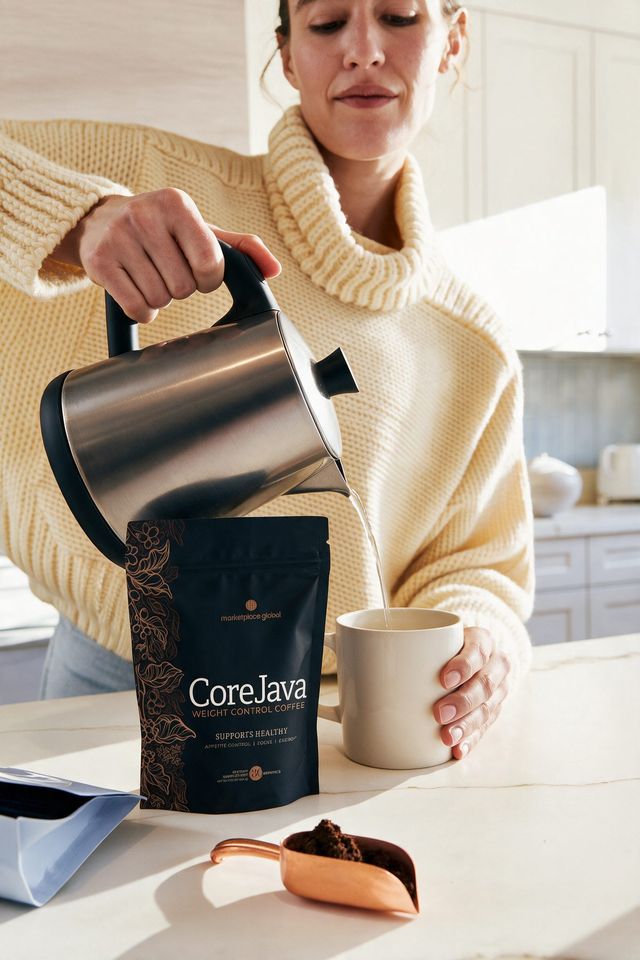 Lifestyle still: a woman in a knit sweater pours hot water into a mug beside the coffee pouch.