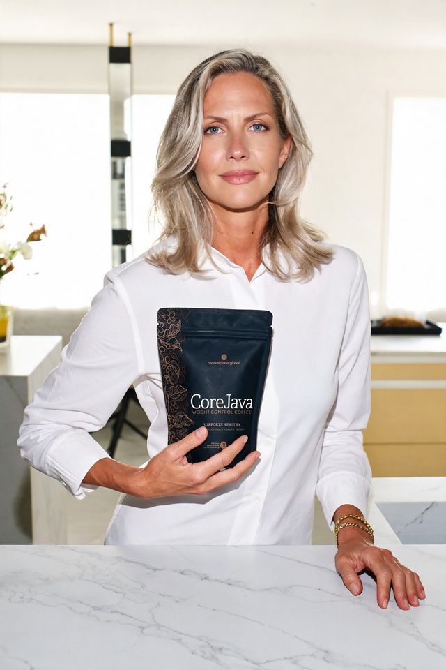 Presenter still: a woman in a white shirt holds the coffee pouch at a marble kitchen counter.
