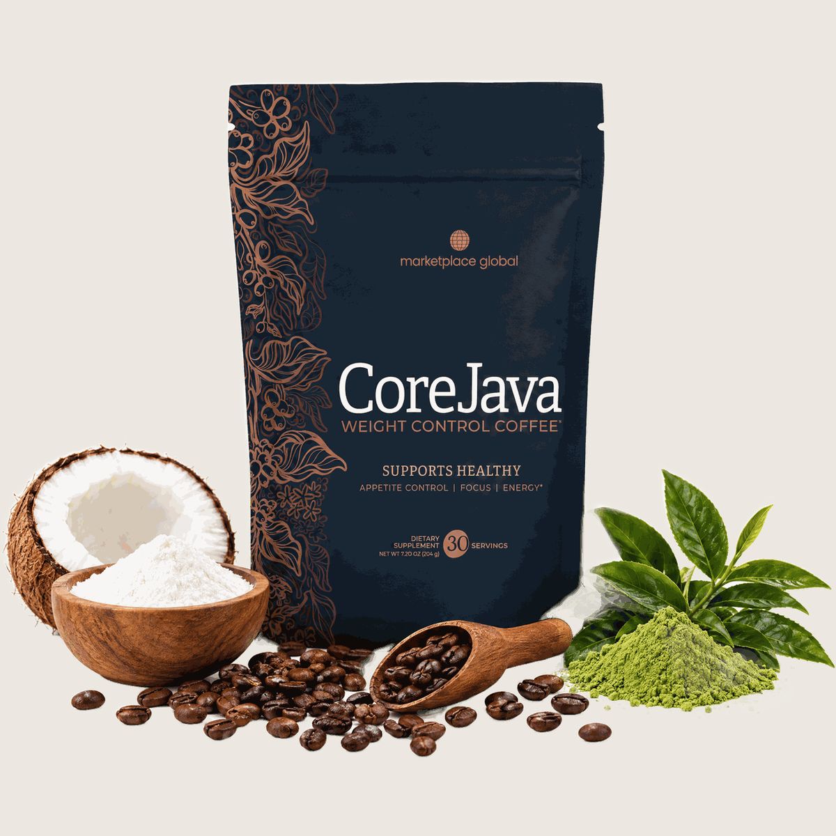 Product composition: a dark coffee pouch surrounded by coffee beans, a wooden scoop, coconut and green tea leaves.
